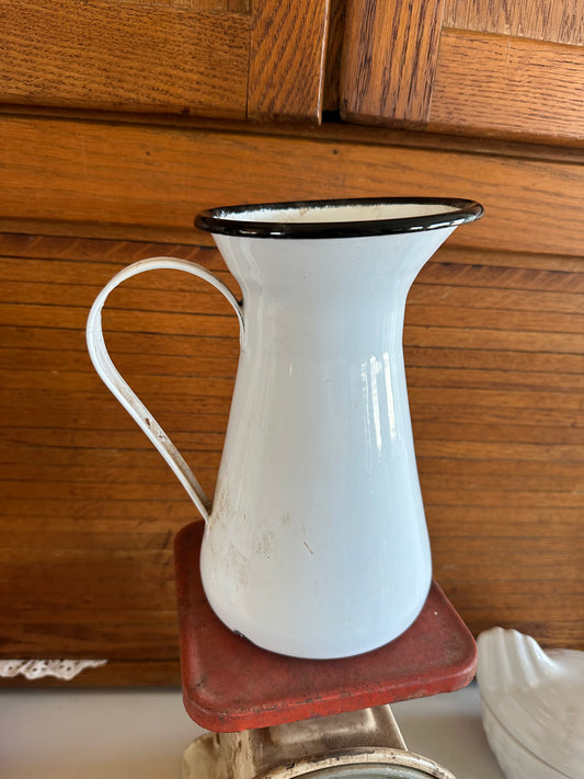 Vintage White & Black Enamel Pitcher